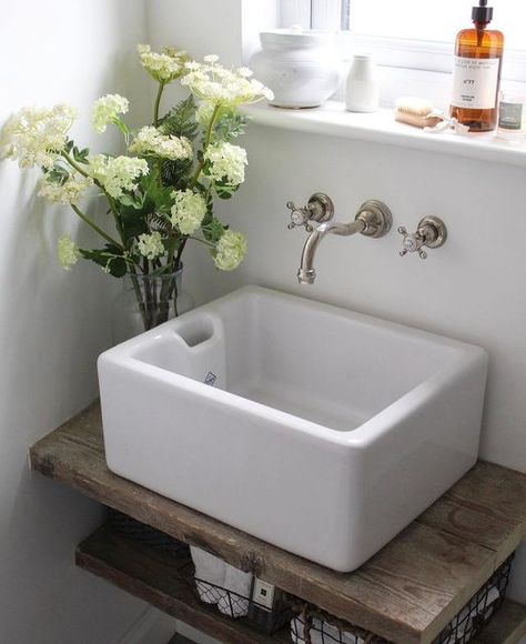 Belfast Sink Bathroom, Wall Mounted Sink Bathroom, Compact Shower Room, Bathrooms Renovations, Reclaimed Bathroom, Rustic Sink, Perrin And Rowe, Bathroom Sink Storage, Furniture Upcycling