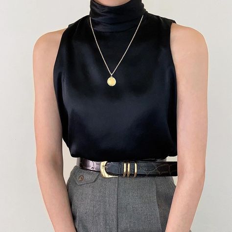 Black Pure, Sleeveless Turtleneck, Vintage Ralph Lauren, Fabric Covered Button, Button Top, Silk Charmeuse, Silk Top, Fabric Covered, Pure Silk