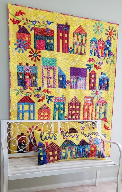 Laundry Basket Quilts Summer Village, Summer Village Quilt, Crazy Quilt Embroidery, Library Quilt, Quilt Houses, Interesting Quilts, Charity Ideas, Village Quilt, House Quilt Block