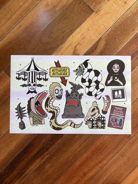 90s Style Tattoos, Beetlejuice Tattoo Flash, Vhs Tattoo, Beetlejuice Flash, Beetlejuice Flash Tattoo, Beetlejuice Art, Beetlejuice Tattoo, Sheet Art, Flash Sheets