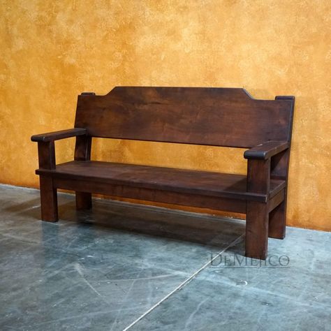 Spanish Bench, Wood Bench With Back, Low Bench, Rustic Wood Bench, Wood Benches, Mexican Furniture, Western Rooms, Mesquite Wood, Spanish Modern