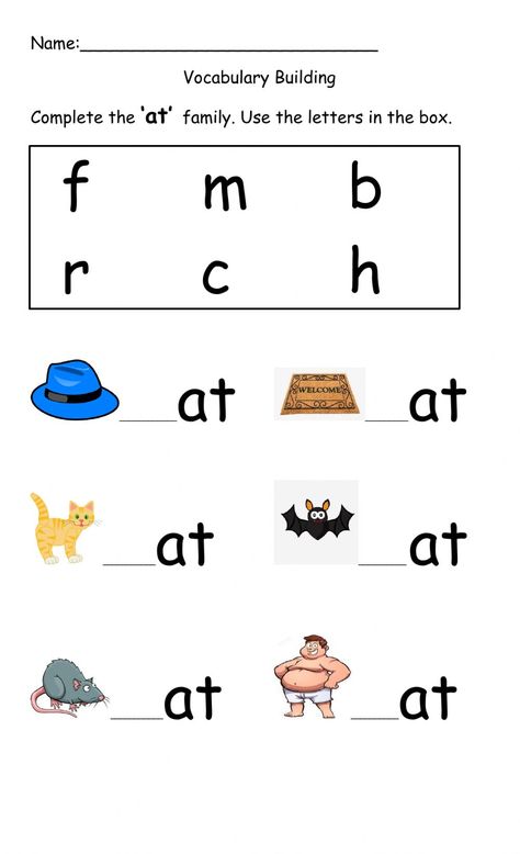 At Cvc Worksheets, Teaching Kindergarten Writing, Letter Sounds Worksheets, Phonics Sounds Chart, Consonant Blends Worksheets, Family Worksheets, Phonics Cvc, Kindergarten Phonics Worksheets, English Worksheets For Kindergarten