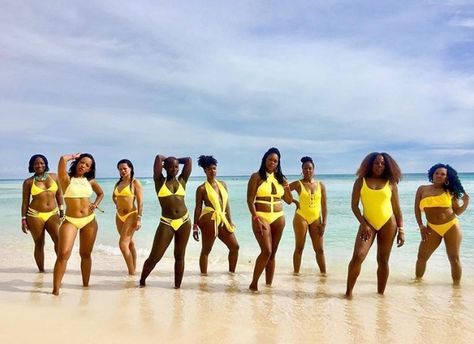 Group Color Coordinated Outfits, Color Coordinated Outfits, Yellow Photoshoot, Squad Goals Black, 45 Birthday, Dover Beach, Beach Wedding Groom, 2023 Vacation, Swimsuit Aesthetic