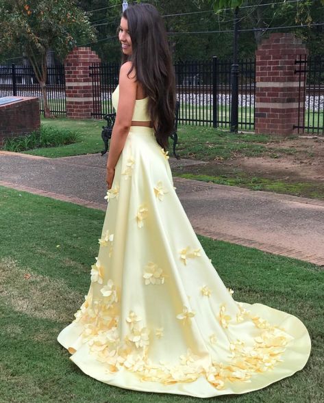 Satin Formal Gown, Yellow Evening Dresses, 3d Applique, Formal Cocktail Party, Satin Evening Gown, Junior Prom, Prom 2020, Yellow Satin, Flowers Yellow