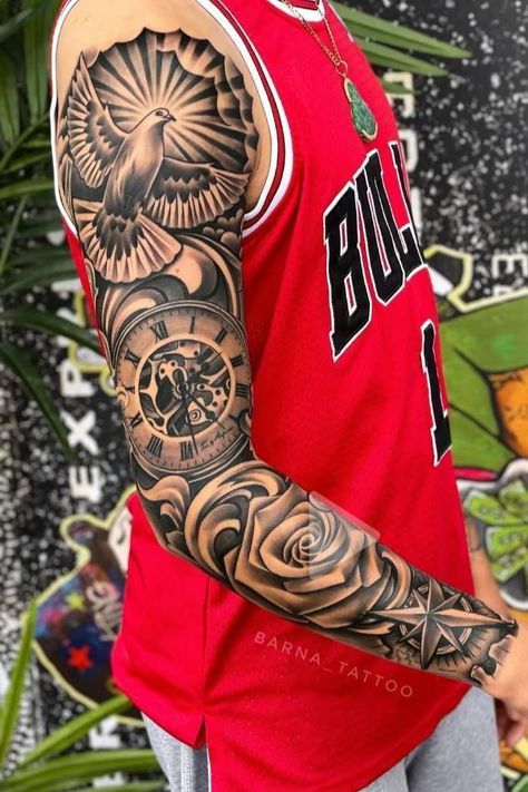 Mens Inner Arm Tattoo Ideas, Family Sleeve Tattoo, Voll Arm-tattoos, Star Tattoos For Men, Japanese Hand Tattoos, Warrior Tattoo Sleeve, Outer Forearm Tattoo, Around Arm Tattoo, Chicano Tattoos Sleeve