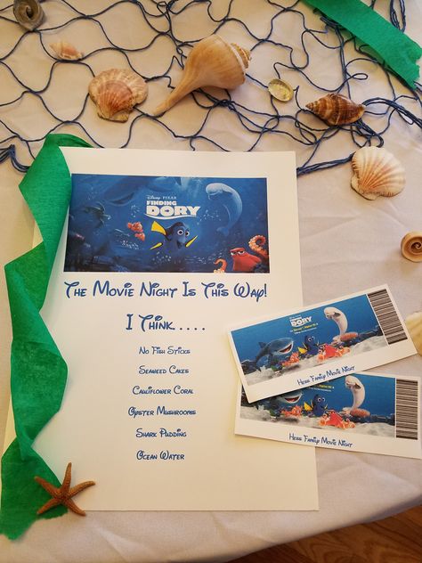 Finding Nemo Themed Food, Finding Dory Movie Night, Finding Nemo Movie Night, Finding Dory Movie, Themed Dinners Ideas, Finding Nemo Movie, Themed Meals, Disney Movie Night Food, Themed Nights