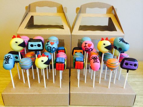 80s Theme Cake Pops | Ms Pacman cake pops | Rubik's cube cake pops | rollerskate cake pops | cassette tape cake pops 80s Dessert Table, 90s Theme Treats, 80s Theme Dessert Table, 80s Graduation Party, 90s Cake Pops, 80s Theme Treats, 80s Theme Cake Pops, 80s Cake Pops, 40th Birthday Cake 80s Theme