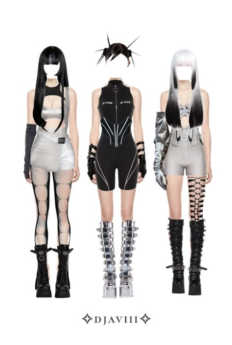 Cyberpunk Theme Outfit, Stage Outfits Futuristic, Futuristic Kpop Stage Outfits, Aespa Futuristic Outfits, Futuristic Fashion Outfits, Silver Futuristic Outfit, Y2k Outfits Futuristic, 3 Member Stage Outfits, Cyberpunk Outfit Summer