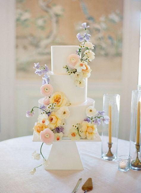 2 Tier Wedding Cake Flowers, Modern Wedding Cake With Flowers, Spring Pastel Wedding Cake, Wildflowers Wedding Cake, Spring Flowers Wedding Cake, Wedding Cake Designs One Tier, Garden Themed Wedding Cake, Bright Floral Wedding Cake, Wedding Cake Floral Decor