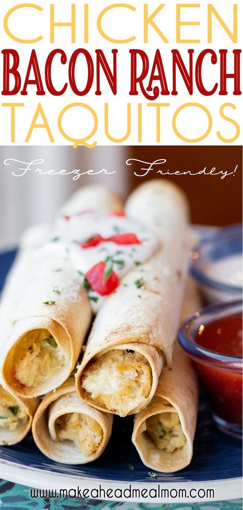 Chicken Bacon Ranch Chicken, Chicken Bacon Ranch Taquitos, Crispy Taquitos, Taquitos Chicken, Creamy Cheesy Chicken, Chicken Freezer, Chicken Bacon Ranch Wrap, Best Freezer Meals, Chicken Freezer Meals