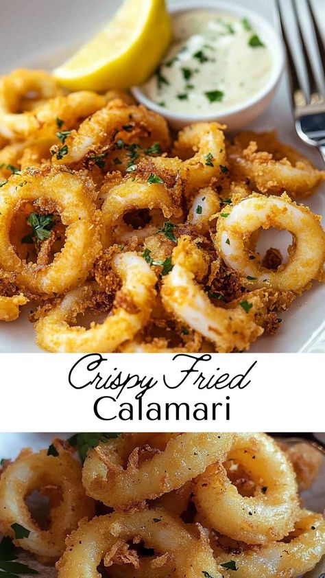 Savor the ultimate appetizer with this crispy fried calamari recipe. Lightly seasoned and fried to golden perfection, it’s a delicious addition to any dinner spread. Whether for casual fall dinners or elegant occasions, this dish promises a crowd-pleasing experience. Spicy Fried Calamari Recipe, Fried Calamari With Banana Peppers, Whole Calamari Recipes, Gluten Free Fried Calamari, Deep Fried Calamari Recipes, Crispy Fried Calamari, Calamari Recipes Fried, How To Make Calamari, Calamari Tubes Recipes