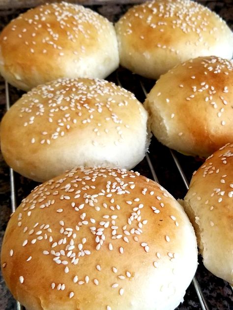 Chef John's 5-Star Bread Recipes Hamburger Buns Bread Machine, Hamburger Buns Homemade, Stuffed Burger Recipes, Burger Condiments, Georgian Bread, Chef John Recipes, Stuffed Burger, Baking Savory, Hamburger Bun Recipe