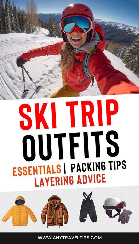 How to pack the perfect ski outfits, ensuring both style and warmth. From base layers to insulated jackets, discover everything you need for your next skiing adventure. Packing list! Plus: 'What to wear winter tips' First Time Skiing What To Wear, Ski Bag Essentials, Ski Trip Outfit Aesthetic, Ski Season Outfits, What To Wear Skiing Women, Ski Packing List Woman, Skiing Layers, Pack For Ski Trip, Ski Trip Clothes