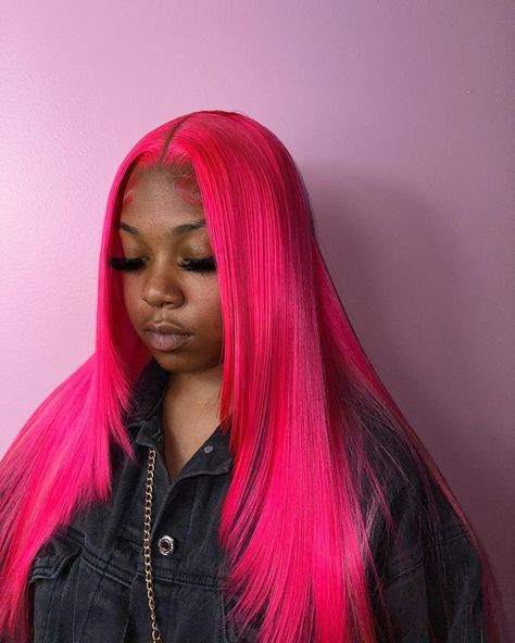 Pink Layered Hair, Pink Sew In, Middle Part Pink Wig, Hot Pink Hair Black Women, Pink Hair On Dark Skin, Dark Pink Wigs For Black Women, Hot Pink Wigs For Black Women, Neon Pink Hair Black Women, 30 Inch Bussdown Middle Part Pink