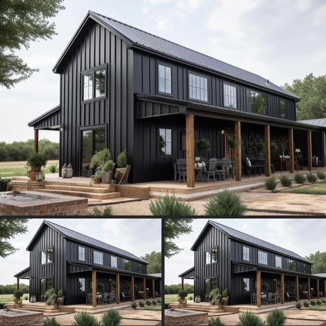 I am obsessed with this beautiful... - Amazing House Plan Black Pole Barn House, Black Pole Barns, Black Cabins, Anna Aesthetic, Idaho Homes, Screened Deck, Rv Porch, Chapel Ideas, England Farmhouse