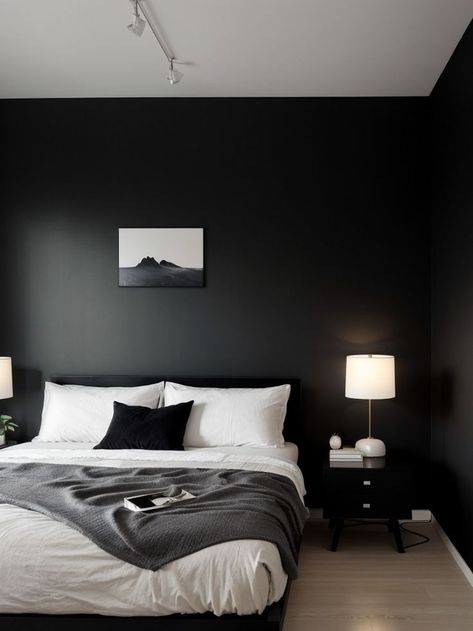 Dark Minimalist Bedroom, Black White Bedrooms, Black Bedroom Decor, Black Accent Walls, Black Living Room, Bedroom Decor Inspiration, Black Bedroom, Bedroom Black, Home Design Living Room