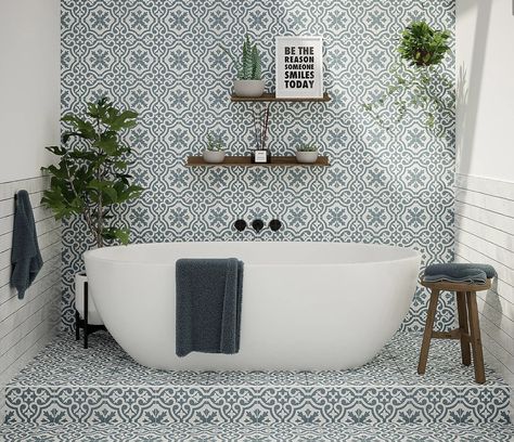 Cool Bathrooms, Victorian Bathroom Vintage, Modern Victorian Bathroom, Modern Victorian Decor, Bathroom 2024, Patterned Bathroom Tiles, Blue Bathroom Tile, Victorian Floor Tiles, Victorian Home Decor