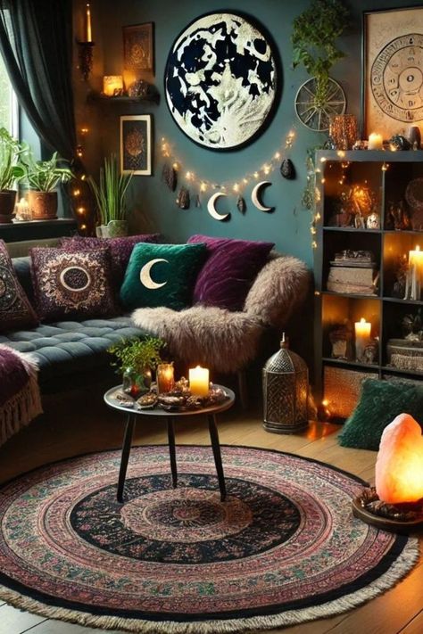 Dreaming of a cozy, magical living room? Learn how to create the perfect witchy vibe with tips on lighting, decor, and textures. Includes must-have product picks like velvet pillows, Moroccan lanterns, and moon phase wall hangings. Perfect for witches, moon lovers, and anyone embracing their mystical side! ?💫 #WitchyVibes #HomeDecorGoals #CozyLivingRoom #Witchcore #MysticalHome #BohoDecor #WitchyLifestyle Unusual House Decor, Pagan Room Ideas, Ethereal Living Room Aesthetic, Zen Living Room Ideas Cozy, Boho Color Living Room, Witchy Boho Living Room, Cozy Witchy Living Room, Boho Witchy Living Room, Whimsical Living Room Ideas