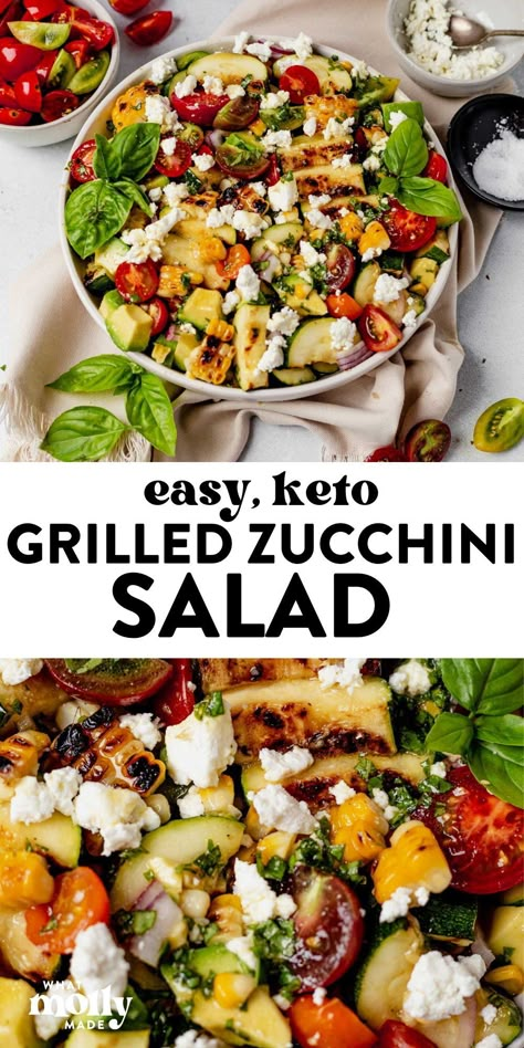 This easy grilled zucchini salad is a delicious mixture of grilled zucchini, grilled charred corn, fresh tomatoes, onion, and goat cheese. All that fresh produce is tossed in a basil vinaigrette. It makes the perfect summer side dish or you can add grilled chicken for a delicious weeknight dinner. Gluten-free and keto!