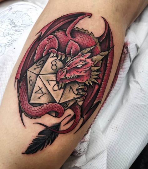 Dragons Tattoo Designs, Dungeons And Dragons Tattoo, Dragons Tattoos, Wizard Tattoo, Siren Tattoo, Dice Tattoo, Arte Viking, Dragons Tattoo, Tattoo Red