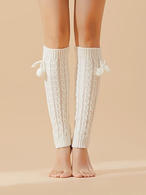 White    Cotton Blends  Leg Warmers Embellished   Women Socks & Hosiery Pom Pom Decor, Knitted Leg Warmers, Knit Leg Warmers, Leg Warmer, Women Socks, Thigh High Stockings, Socks And Tights, Shein Style, Socks And Hosiery