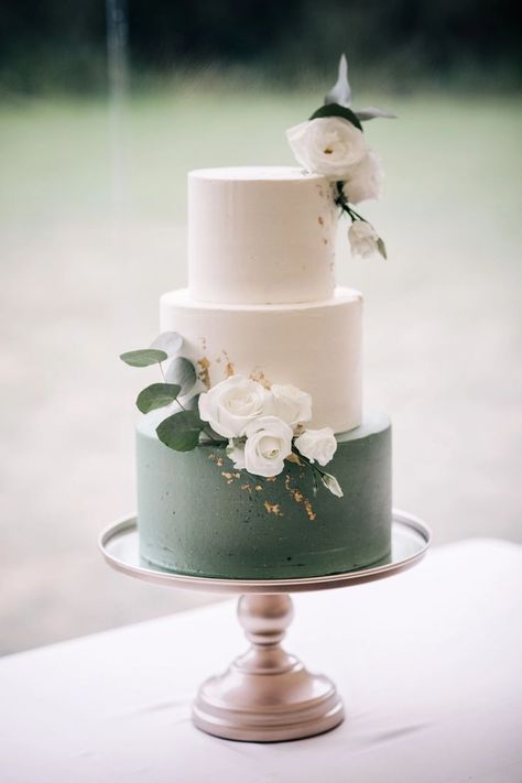 three tiered wedding cake with a sage green bottom tier White And Green Wedding Cake, Wedding Cake White, White And Green Wedding, Green Wedding Cake, Cake White, Wedding Ceremony Signs, Bride Guide, Ceremony Signs, English Wedding