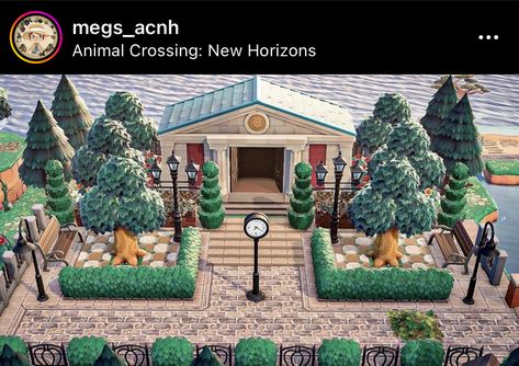 Animal Crossing Museum Inspiration, Acnh Community Center Ideas, Acnh Town Hall Ideas City, Achn Ideas Museum, Animal Crossing Island Inspiration Town Hall, Tiered Neighborhood Acnh, Acnh Multi Level Neighborhood, Acnh Guest Services, Animal Crossing Town Center