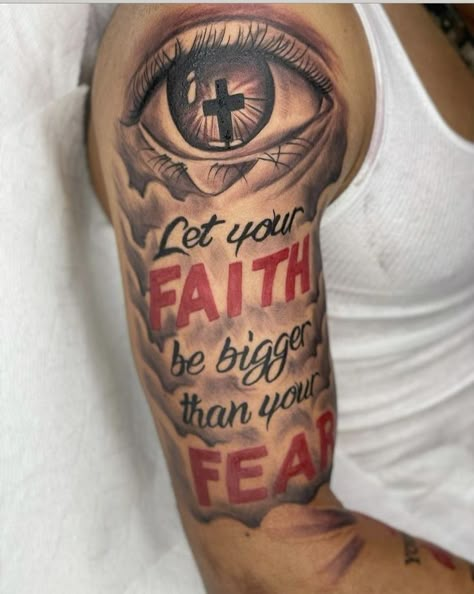 Forearm Tattoo Men Sleeve Red Ink, Hood Shoulder Tattoo Men, Prepare For The Worst Pray For The Best Tattoo, Let Your Faith Be Bigger Than Your Fear Tattoo Men, Trap Tattoos Men Shoulder, Rare Tattoos Men Shoulder, Rare Tattoos Men Sleeve, Tattoo Ideas For Men Shoulder, Tattoos For Guys Chest