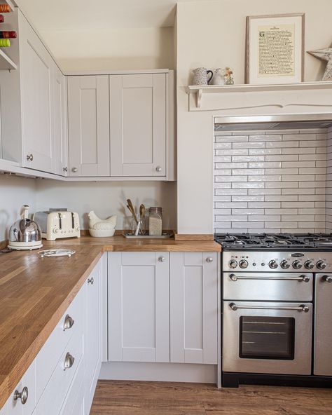 Wooden Worktop Kitchen, Fifi Mcgee, Mcgee Kitchen, Howdens Kitchens, Wooden Worktops, Galley Kitchen Design, Pale Wood, Galley Kitchen, Tile Trim