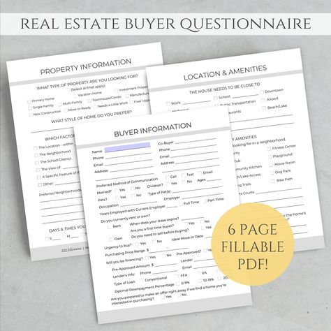 Buyer Questionnaire, Real Estate Buyer Packet, Agent Questionnaire, Home Buyer Consultation Packet, Real Estate Templates by RealEstateEssentials on Etsy Real Estate Buyers Guide, Workbook Design, Real Estate Buyers, Real Estate Templates, Document Templates, What Type, Real Estate Business, Stationery Design, Stationery Paper