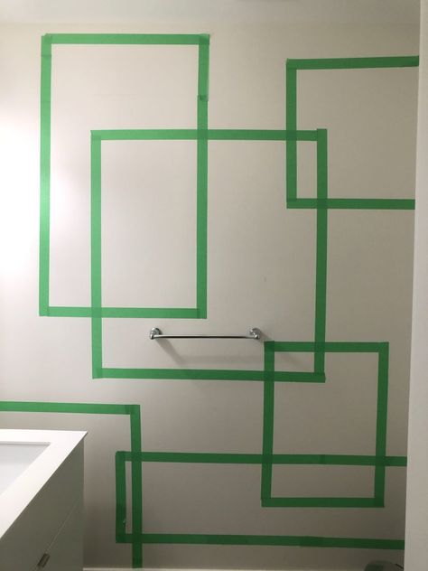 Geometric Wall Paint, Bold Bathroom, All White Bathroom, Wall Paint Ideas, Home Wall Painting, Long Living Room, Tape Wall, Bathroom Accent Wall, Bathroom Accents