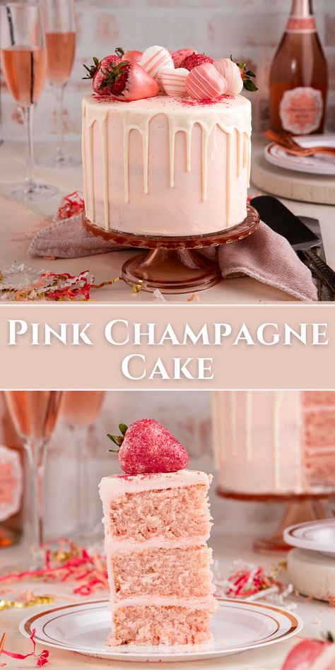 pink champagne cake with white chocolate drip and strawberries on cake stand and sliced on plate.