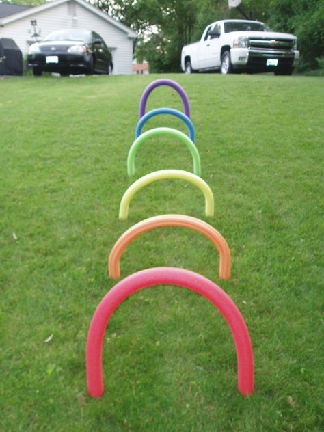 Rainbow obstacle course - could tape streamers on them :) Obstacle Course Party, Backyard Obstacle Course, Kids Obstacle Course, Ninja Birthday Parties, Ninja Birthday, Obstacle Course, Summer Fun List, Rainbow Birthday Party, Backyard Games