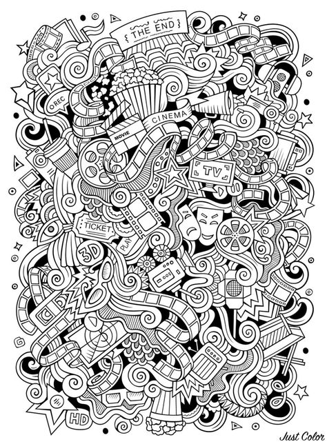 Different objects all linked to Movies and Cinema Cinema Doodle Art, Movie Doodle Art, Cinema Doodle, Doodle Coloring Pages, Helmet Painting, Cinema Coloring, Coloring Posters, Space Coloring Pages, Disney Princess Coloring Pages