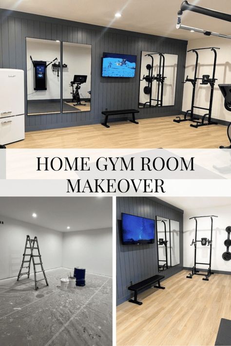 Home Gym Room Makeover - Gym Area In Basement, Basement Gym Makeover, Small Gym Basement Ideas, Home Gym Renovation, Cool Home Gym Design, Home Gym In Basement Ideas, Garage Gym And Office, Home Gym Remodel, Finished Basement Gym Ideas