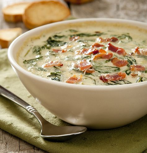 Cream of Spinach and Bacon Soup - The Cooking Mom Spinach Bacon Dip, Cream Of Spinach, Cream Of Spinach Soup, Jalapeno Popper Dip Recipe, Sour Cream Dip, Bacon Dip, Bacon Soup, Spinach Soup, Spinach Dip