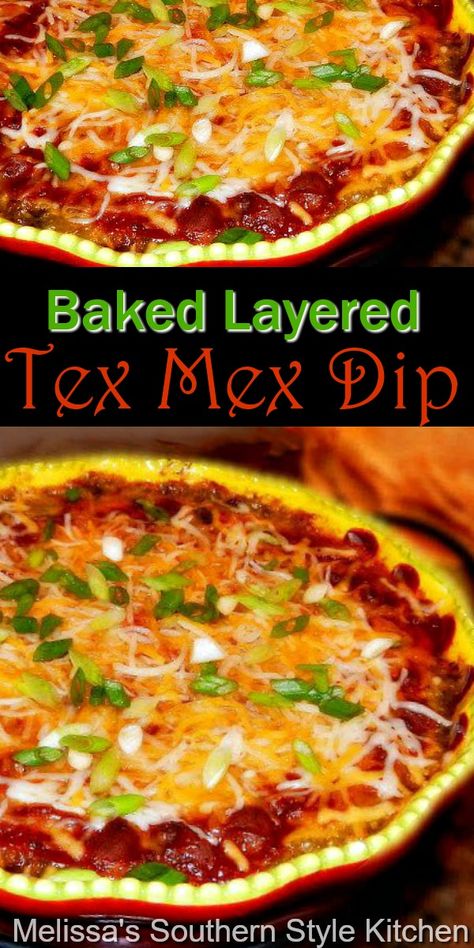 Grab some tortilla chips and start dipping this delicious warm and gooey Baked Layered Tex Mex Dip #bakedtexmexdip #mexicandip #layeredmexicandip #texmex #chili #diprecipes #appetizers #mexicanfood #football #gamedayrecipes #southernfood #southernrecipes Tex Mex Dip Layered, Texmex Dip Recipes, Hot Layered Mexican Dip, Baked 7 Layer Mexican Dip, Tex Mex Snacks, Mexican Hot Dip Recipes, Tex Mex Dip Recipes, Hot Mexican Dip Recipes, Crockpot Mexican Dip Recipes