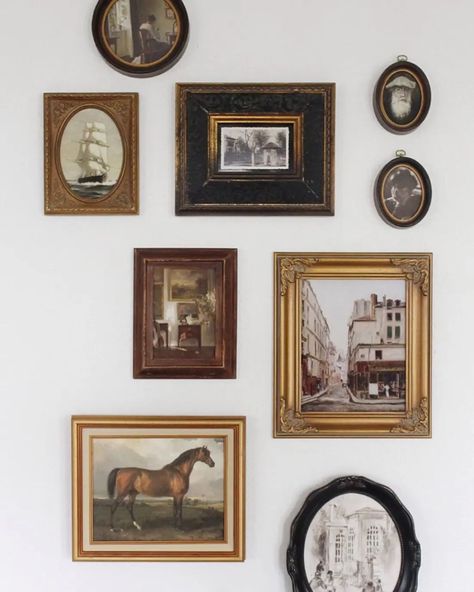 Black Frames On Wall, Eclectic Wall Gallery, Gallery Wall Paintings, Ancestor Wall, Collage Examples, Gold Frame Gallery Wall, Stairway Gallery Wall, Muse Board, Wall Galleries