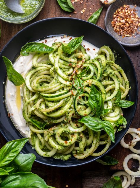 Basil Pesto Zucchini Noodles with Whipped Tofu Ricotta - Wandering Chickpea Whipped Tofu, Wandering Chickpea, Pesto Zucchini, Fresh Basil Pesto, Pesto Zucchini Noodles, Tofu Feta, Tofu Ricotta, Bucatini Pasta, Gluten Free Brands