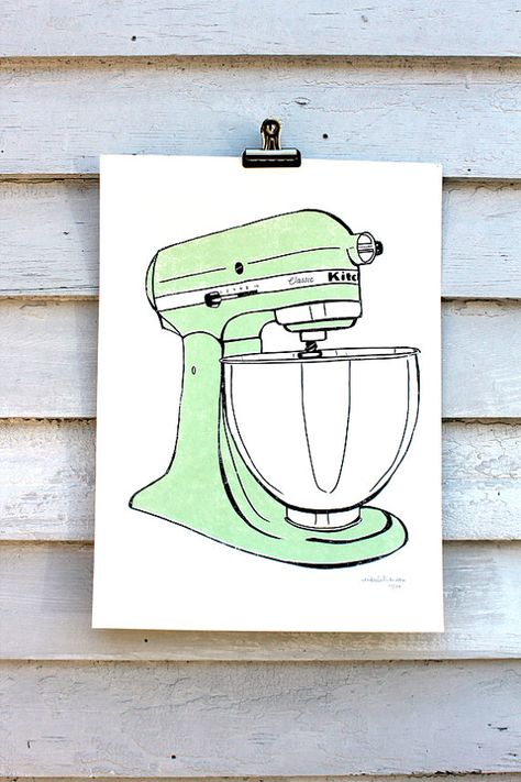 Kitchen art Mixer Illustration, Mint Kitchen, Scandinavian Tattoo, Baking Mixer, Kitchen Artwork, Kitchenaid Mixer, Quilts Decor, Cute Kitchen, Craft Studio