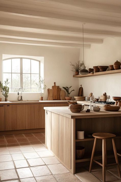 nordic kitchen, clean design, natural elements Scandinavian Kitchen Design, Nordic Kitchen, Brown Floors, Scandinavian Kitchen, Nature Inspired Decor, Wooden Cabinets, Open Shelves, Natural Elements, Floor Tiles