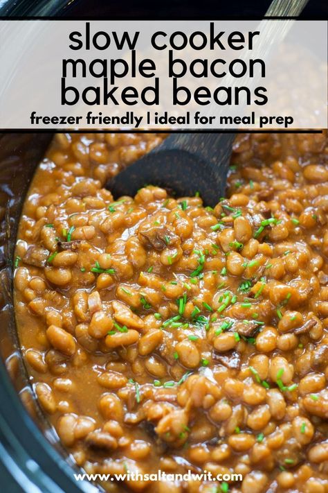 These are the best slow cooker baked beans with bacon! Made with healthier ingredients, such as coconut sugar and maple but are full of flavor to be the perfect healthier side dish recipe for a crowd! They are perfect for meal prep for the week and an ideal make ahead side dish for your next BBQ! #slowcooker #glutenfreerecipe #healthysidedish #bacon #maple Slow Cooker Baked Beans, Baked Beans With Bacon, Slow Cooker Baking, Maple Bacon, Healthy Slow Cooker, Meal Prep For The Week, Baked Beans, Crockpot Recipes Easy, Healthy Side Dishes