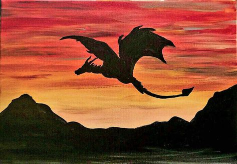 Dragon Painting On Canvas, Dragon Paintings Acrylic, Dragon Painting Acrylic Easy, Httyd Painting, Dragon Silhouette Painting, Acrylic Dragon Paintings, Dragon Silhouette, Art Zine, Silhouette Painting