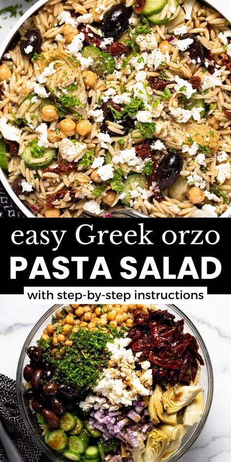 This 20 Minute Greek Orzo Salad is quick, easy, and absolutely bursting with Mediterranean-inspired flavors! Al dente orzo pasta, crispy cucumbers, tender artichoke hearts, hearty chickpeas, sun-dried tomatoes, and Kalamata olives are tossed in a homemade balsamic vinaigrette and topped with crumbled feta cheese. Feta And Artichoke Pasta Salad, Orzo Recipes Cold, Ferro Salad Recipes, Kale And Orzo Salad, Recipes Using Kalamata Olives, Orzo Meal Prep, Orzo Chickpea Salad, Orzo Artichoke, Orzo Greek Salad