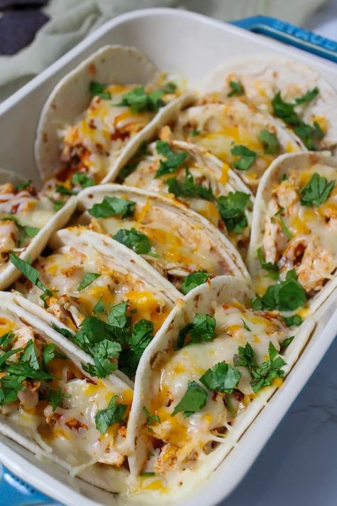 Chicken Soft Tacos, Group Food, Baked Chicken Tacos, Easy Family Dinner, Easy Baked Chicken, Soft Tacos, Easy Family Dinners, February 2023, Chicken Tacos