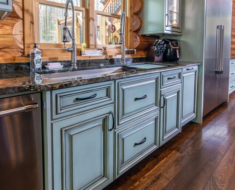 Rustic Blue Kitchen Cabinets, Blue Kitchen Cabinets Farmhouse, Rustic Home Interior Design, Robins Egg Blue Kitchen, Light Blue Kitchen Cabinets, Kitchen Sink Light, Galley Workstation, Kitchen Cupboard Colours, Light Blue Kitchen