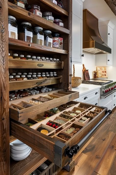 Homestead Style Kitchen, Antique Furniture Kitchen Cabinets, Interior Wood Storage Ideas, Rustic Kitchen Pantry Ideas, Log Cabin Pantry Ideas, Apothecary Cabinet In Kitchen, Unique China Cabinet Ideas, Old House Pantry, Crock Pot Storage