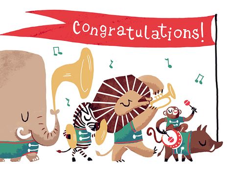 Congratulations! by Carolina Buzio Congratulations Banner, Animal Parade, Birthday Postcards, Love Illustration, African Animals, Cartoon Clip Art, Happy Animals, Childrens Illustrations, Childrens Art