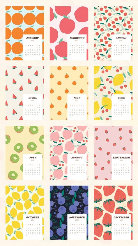 Calendar 2021 printable vector template with cute fruit background set | premium image by rawpixel.com / Wit Fruits Template, Fruit Calendar, Abstract Strawberry, Tropical Fruit Pattern, Food Calendar, Blueberry Pattern, Apple Template, Calendar Graphic, Fruit Background