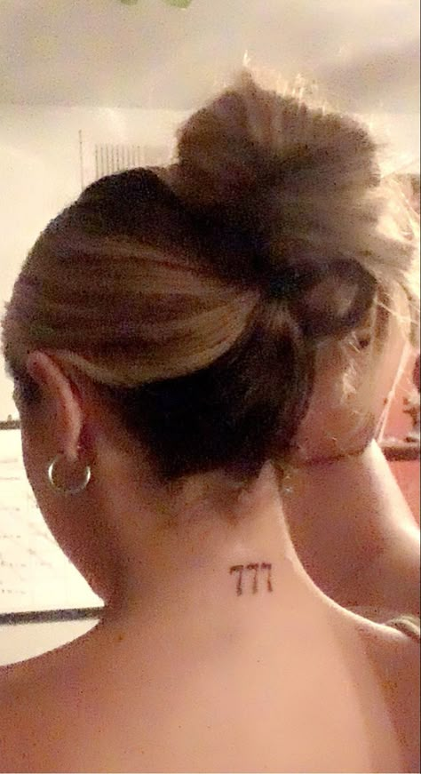 Tattoo Ideas Female Behind Neck, Angel Number Tattoo Back Of Neck, Neck Tattoo Angel Number, Angle Number Tattoo Behind Ear, 777 Angel Number Tattoo Behind Ear, Rib Tattoo Roman Numeral, 777 Behind Ear Tattoo, 999 Neck Tattoo, 777 Tattoo Behind Ear